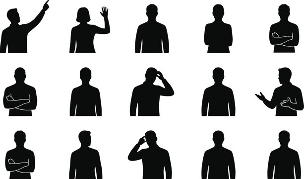 Set of Human Silhouette Poses Showing Different Gestures Standing Talking Thinking and Pointing for Social Communication Concept Design