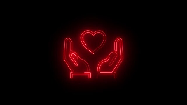 Neon glowing icon of hands holding a heart, symbol of care, love and support on black background Futuristic Neon Love and Support Icon on Dark Background