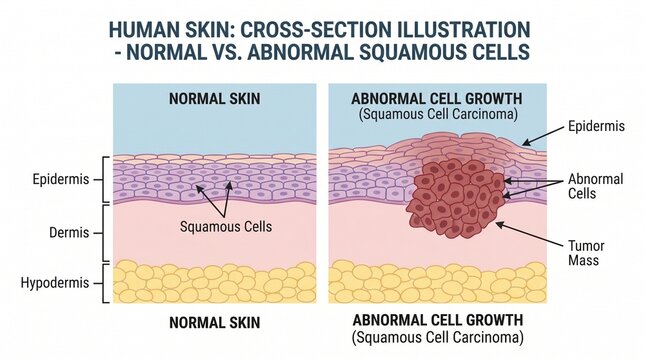 Labeled anatomical cross-section of human skin layers comparing normal squamous cells with abnormal cancerous cell growth.