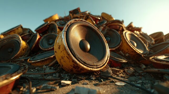A striking image of a large pile of old, rusty speakers set against a clear sky, symbolizing the clash between technology and decay in modern urban landscapes.