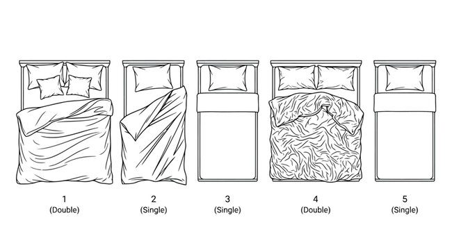 Set of five different bed styles with various bedding arrangements, top view line art illustration