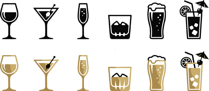Collection of minimal alcohol glass icons including wine martini champagne beer and mixed drink silhouettes.