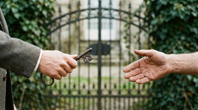A hand passes an antique key to another outstretched hand near a wrought iron gate