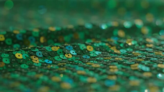 Close-up of sparkling green fabric shimmering and reflecting light, creating a luxurious and textured background