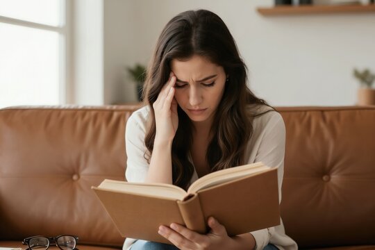 Young woman rubs temple holding book, has painful headache from eye strain. Reading on sofa, indoor, with glasses nearby. Studying, tired.