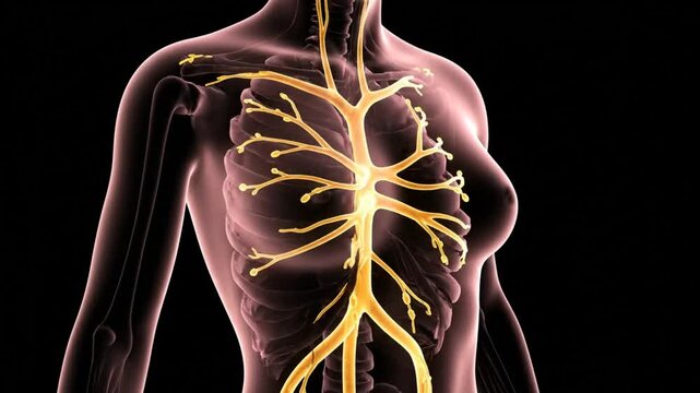 Anatomical Illustration of the Human Nervous System Highlighting Spinal Cord and Peripheral Nerves with Translucent Female Torso