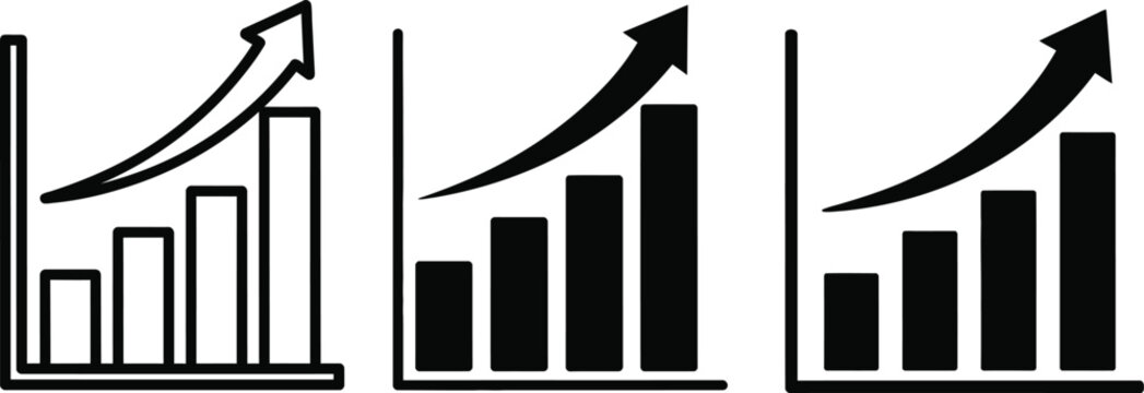 Three black and white line icons of growing bar charts with arrows