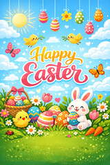 Fototapeta premium Colorful illustration featuring a bunny, eggs, and Easter decorations with the text 'Happy EASTER'.
