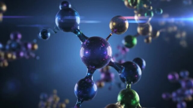 Abstract molecular structure rendered with spheres connected by glowing lines against a blue background, science