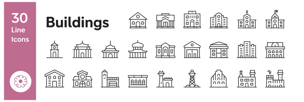 Set of thirty detailed architectural line icons representing various types of buildings
