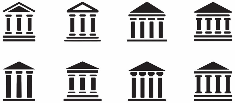 Collection of bank building icons with columns and pediments for financial business design