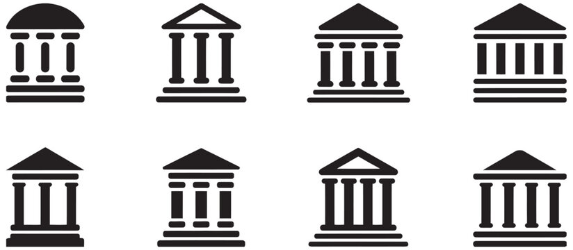 Set of classic bank building icons with pillars and pediments in a clean vector flat style