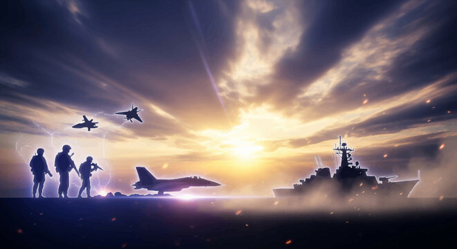 Silhouettes of soldiers and fighter jets under a dramatic stormy sky