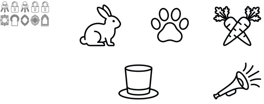 Collection of icons including rabbit, paw print, carrots, top hat and horn.