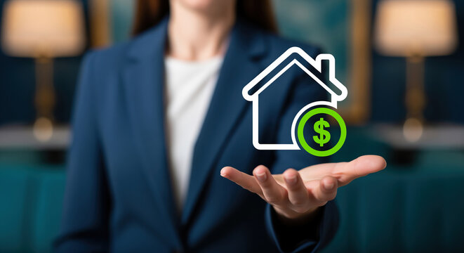 Home equity loan marketing for mortgage lender, property finance specialist presenting house price symbol to explain refinancing options, closing cost estimate and buyer affordability article