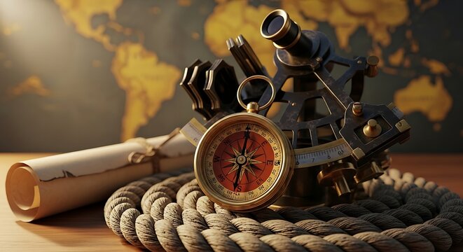 Vintage navigation tools on a rope with a world map background