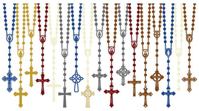 Colorful rosaries with various crosses and holy images displayed together.