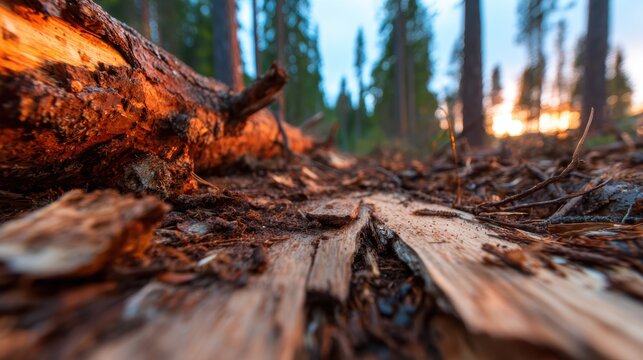 A tranquil forest scene with a fallen log, detailed textures, and gentle light filtering through the trees, enhancing nature's beauty and calm atmosphere.