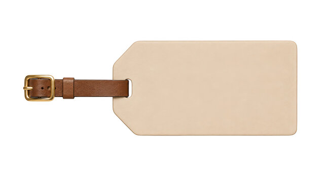 Blank cream colored rectangular luggage tag with brown leather strap and isolated on a transparent background