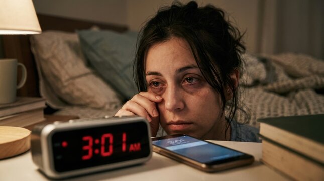 Tired Woman Awake at 3AM Looking at Phone in Dark Bedroom