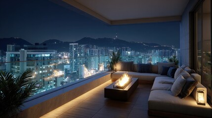Obraz premium Luxury apartment balcony at night with city skyline view, modern sectional sofa, and glowing fire pit