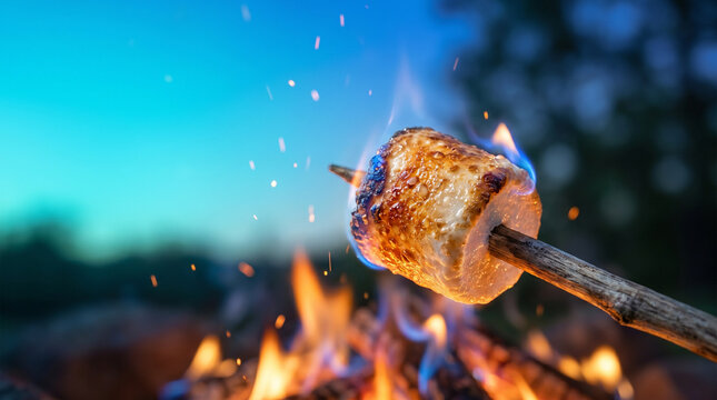 Toasting marshmallow on stick over campfire with flames at night  