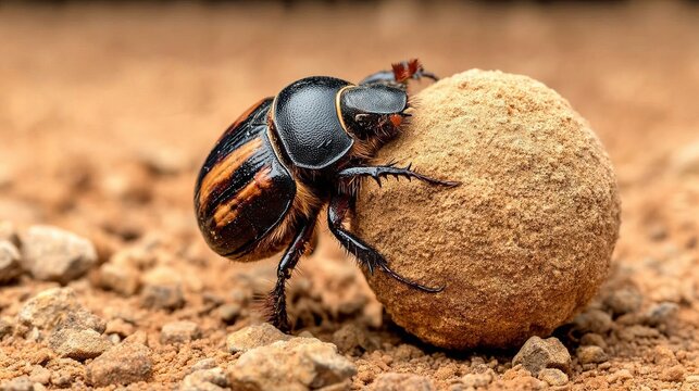 Large Dung Beetle Pushing Spherical Mass Across Uneven Ground