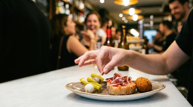 A hand picks a skewer with tapas and food on a marble counter in a busy bar
