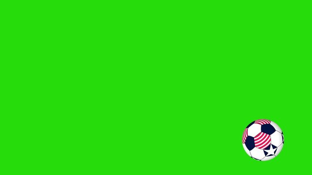 USA themed soccer football ball with stars and stripes design, bouncing and rolling across screen in multiple directions at various speeds 4K animation sports element isolated on a green screen