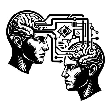 Interconnected Minds: A compelling monochrome illustration depicts two human profiles with intricate circuit board-like connections symbolizing the complex interplay of thoughts, ideas.