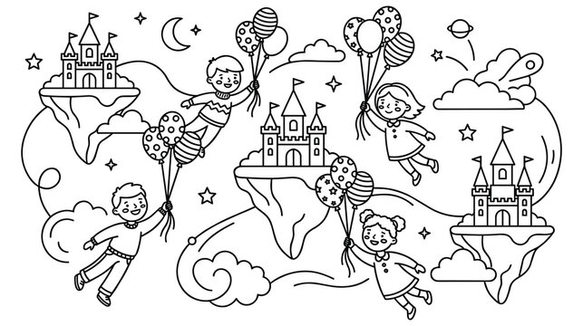 Group of children flying with balloons and visiting floating land castles.