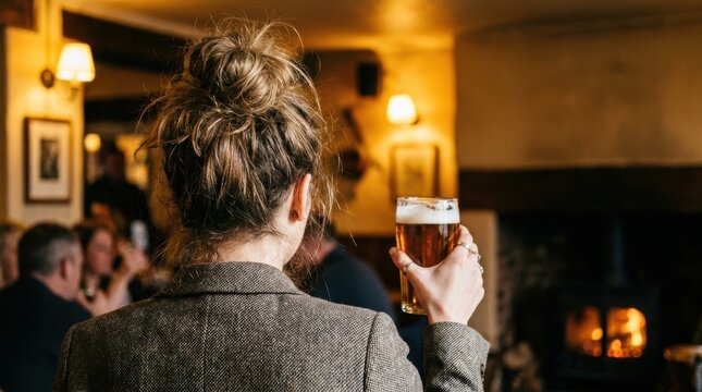 Woman holding pint of ale in cozy pub with fireplace and patrons office party