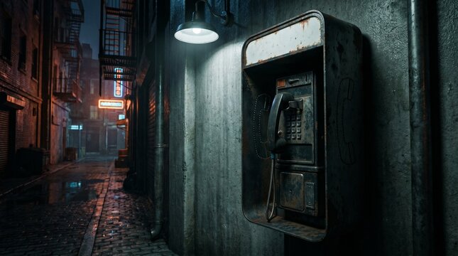 Old ATM machine embedded in dark urban alleyway at night with neon reflections