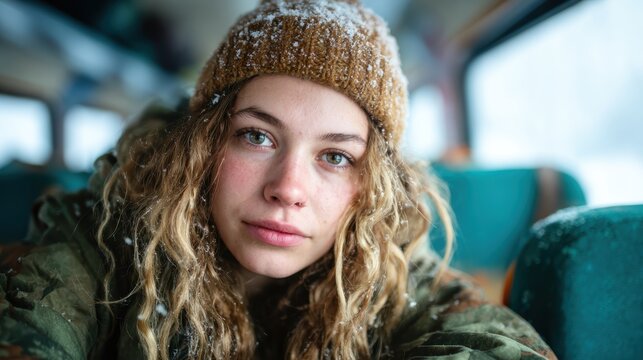 A young woman poses stylishly in the snow, emphasizing her natural beauty and the serene winter atmosphere, showcasing the contrast between warmth and cold surroundings.