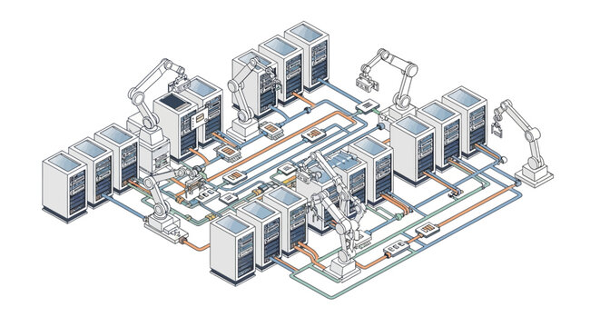 Industrial robotic manufacturing system with automated assembly lines and machinery.