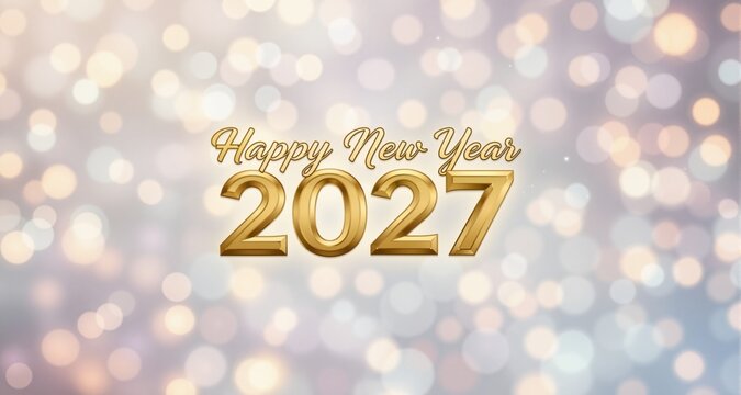 Happy New Year 2027 text on a bokeh background. Greeting card.
