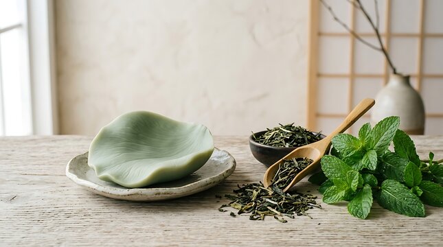 Organic Fresh Mint Tea & Handmade Leaf-Shaped Soap on Rustic Wooden Table Natural Home Decor & Relaxing Herbal Tea Setup