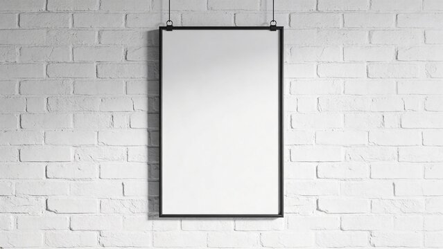 Minimalist mockup of a vertical blank poster frame hanging on a white painted brick wall, thin black metal frame, clean modern interior
