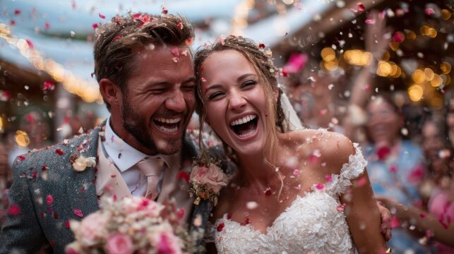 A joyful moment between a bride and groom, smiling widely as colorful petals rain down around them, capturing the essence of love and celebration at a beautiful wedding event.