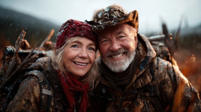 A joyful couple poses together in the wilderness, surrounded by nature, showcasing the beauty of companionship and adventure during a snowy hunting trip outdoors.