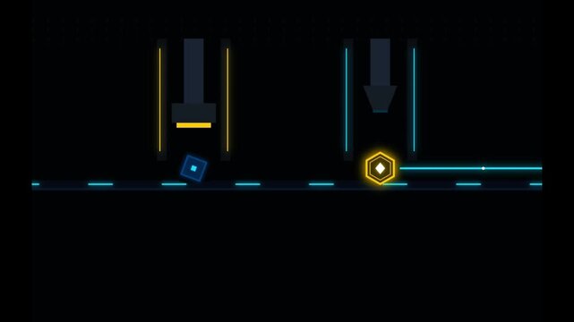 Neon 2D Minimalist Platformer Game Animation of a Blue Square Navigating Obstacles and Collecting Glowing Icons in a Dark Digital Environment