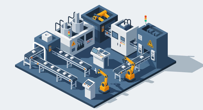 Industrial factory with robotic assembly line.