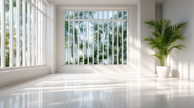 A spacious and bright indoor area featuring large windows that let in natural light, complemented by a vibrant palm plant, creating a serene, refreshing ambiance.