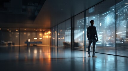 Fototapeta premium Professional Man Standing in Modern Office with Digital Display