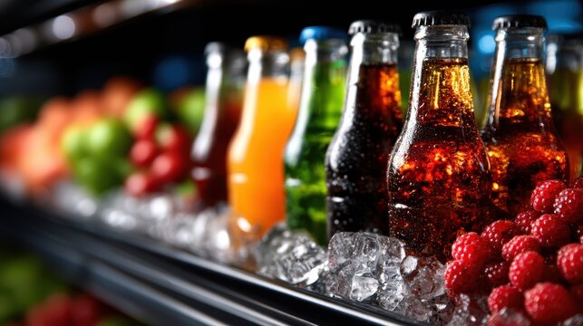 A vibrant display of assorted bottled beverages on ice, showcasing an enticing arrangement of colors and textures that promise refreshment and quench thirst visually.