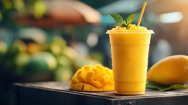 Refreshing mango smoothie in clear glass with fruit garnishes and background market scene