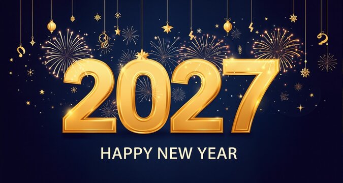 Happy new year 2027, celebration greeting card, new year card Gold text effect firework background
