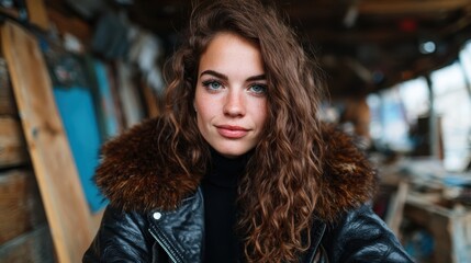 Fototapeta premium A confident young woman poses in a stylish leather jacket, exuding charm and strength in a cozy workshop environment filled with character and rustic elements.