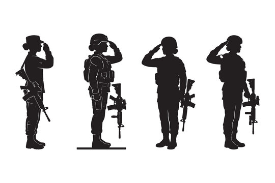 Silhouette of soldiers saluting in various uniforms