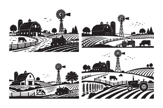 Black and white farm scenes with tractor and windmill